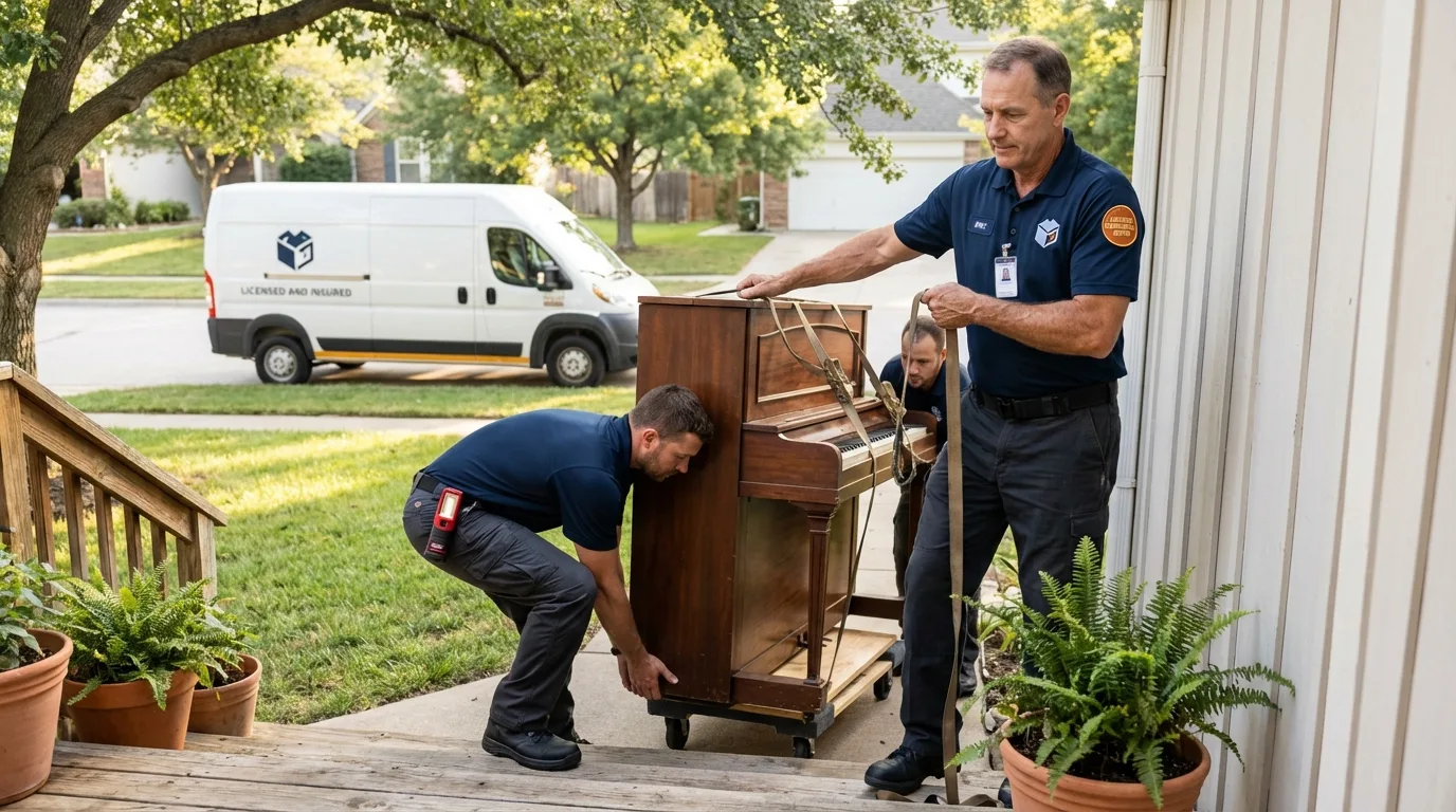 Licensed piano movers securing grand piano in Helena, AR